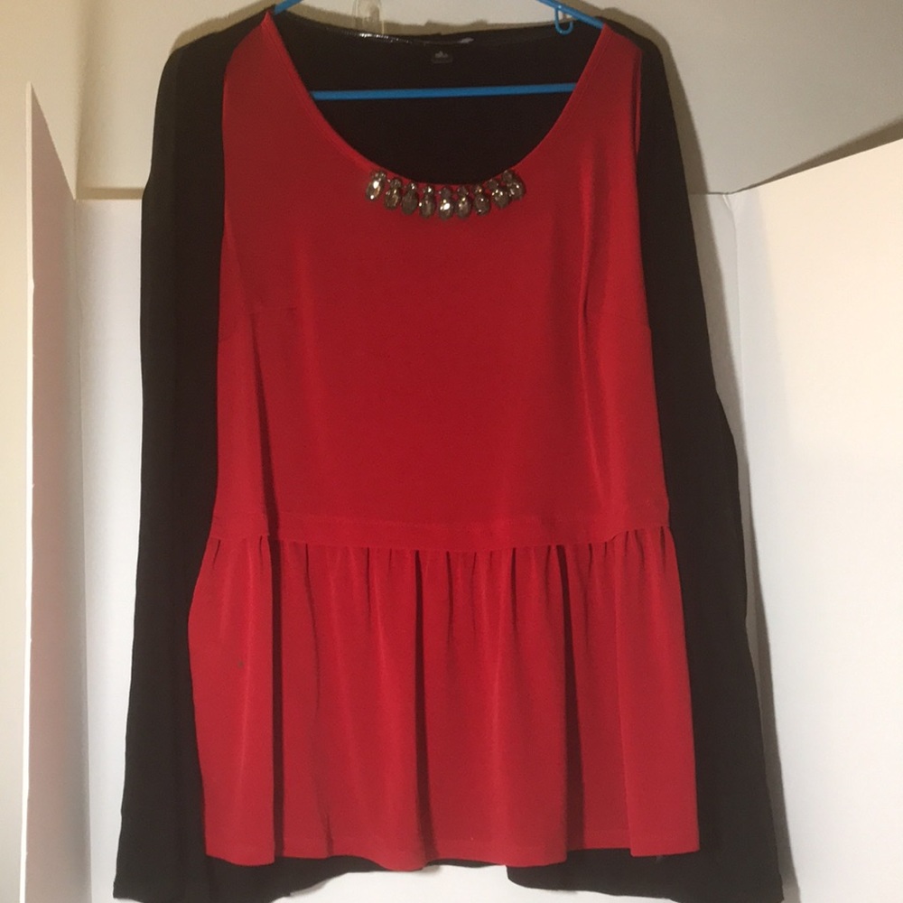 AB Studio top size L long sleeve inset jacket top rhinestone red black